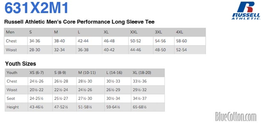 Size chart for a 631X2M1 Russell Long Sleeve Performance Tee