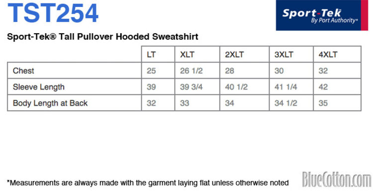 Size chart for a TST254 Sport-Tek Tall Pullover Hooded Sweatshirt