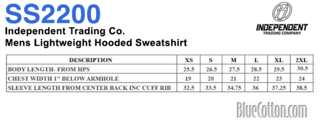 Size chart for a SS2200 Independent Trading Mens Lightweight Hooded Sweatshirt Overstock