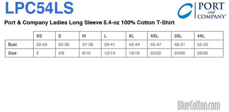 Size chart for a 3588 LAT Ladies' Combed Ringspun Long Sleeve Tee