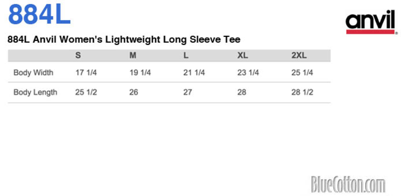 Size chart for a 884L Anvil Women's Lightweight Long Sleeve Tee