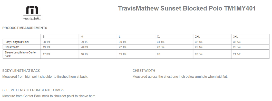 Size chart for a TM1MY401 TravisMathew Sunset Blocked Polo