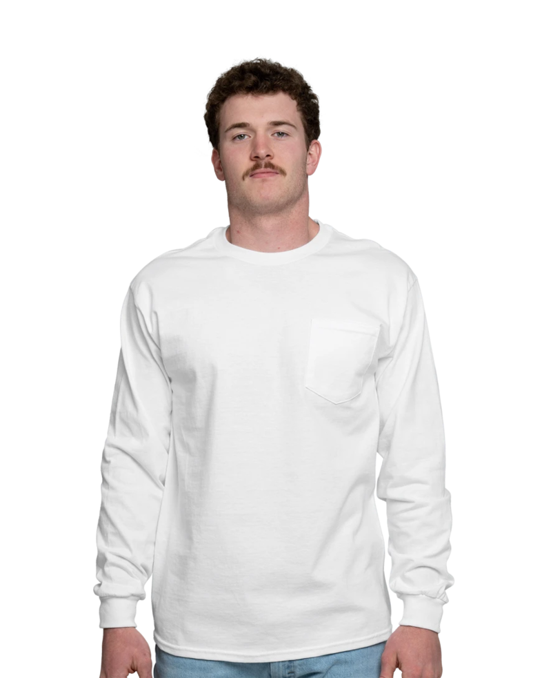 Image of a model wearing a 2410 Gildan Ultra Cotton Long Sleeve Pocket Tee
