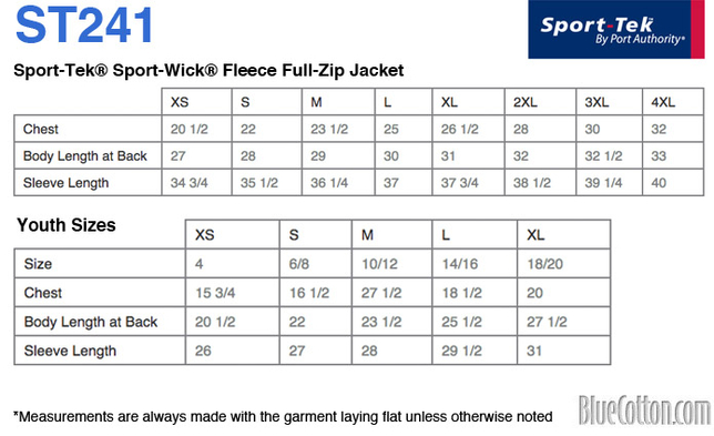 Size chart for a ST241 Sport-Tek Sport-Wick Fleece Full-Zip Jacket