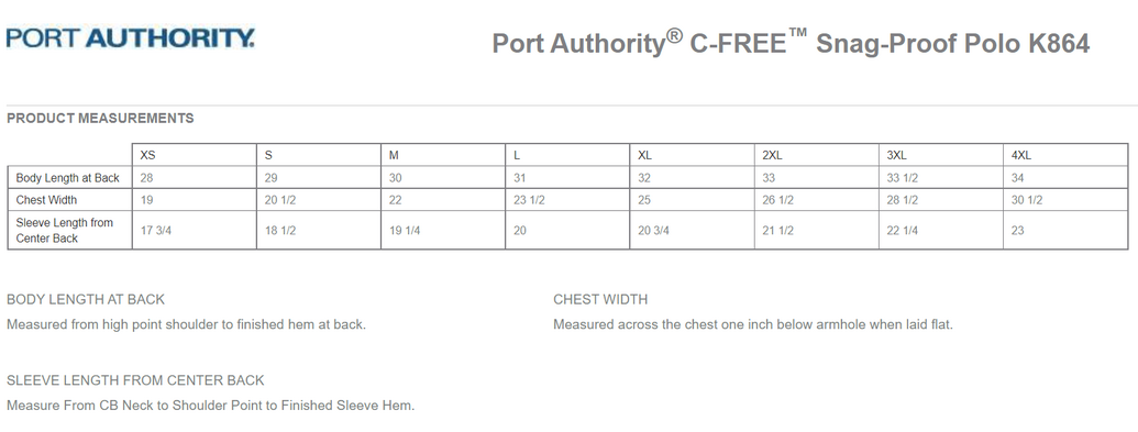 Size chart for a K864 Port Authority® C-FREE™ Snag-Proof Polo