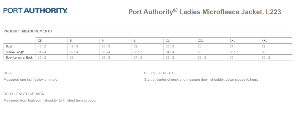 Size chart for a L223 Port Authority Ladies Microfleece Jacket