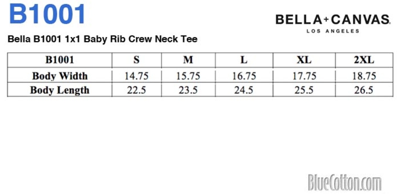 Size chart for a Bella B1001 1x1 Baby Rib Crew Neck Tee