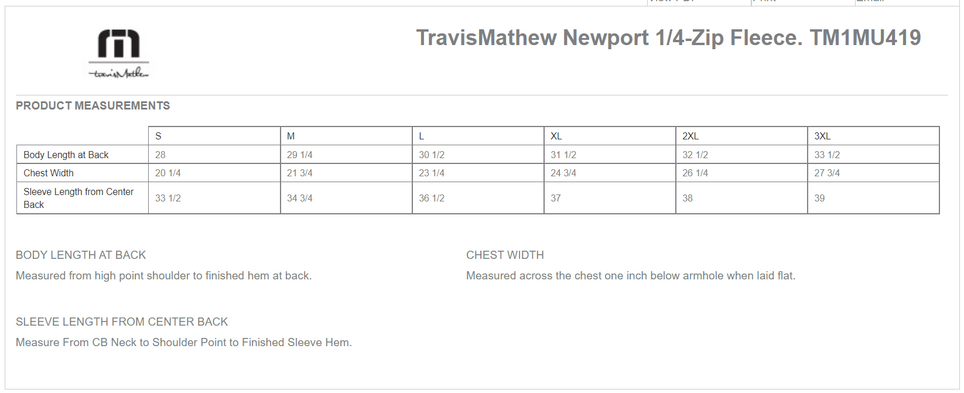 Size chart for a TM1MU419 TravisMathew Newport 1/4-Zip Fleece