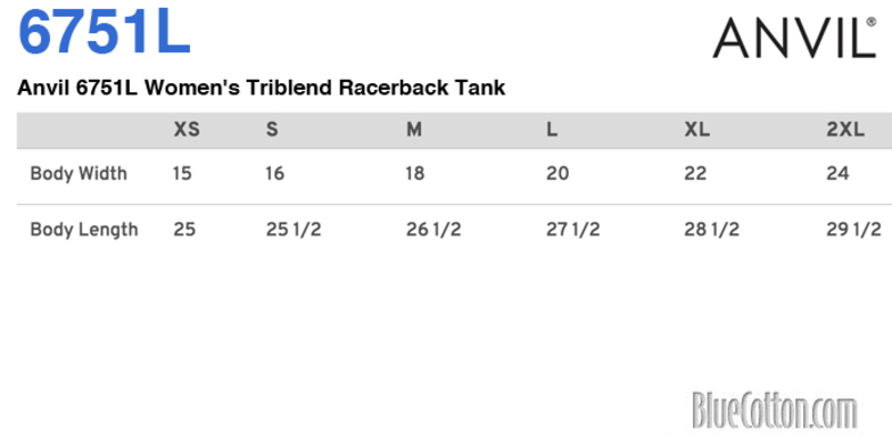 Size chart for a Anvil 6751L Women's Triblend Racerback Tank