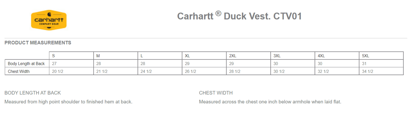 Size chart for a CT106676 Carhartt Duck Vest