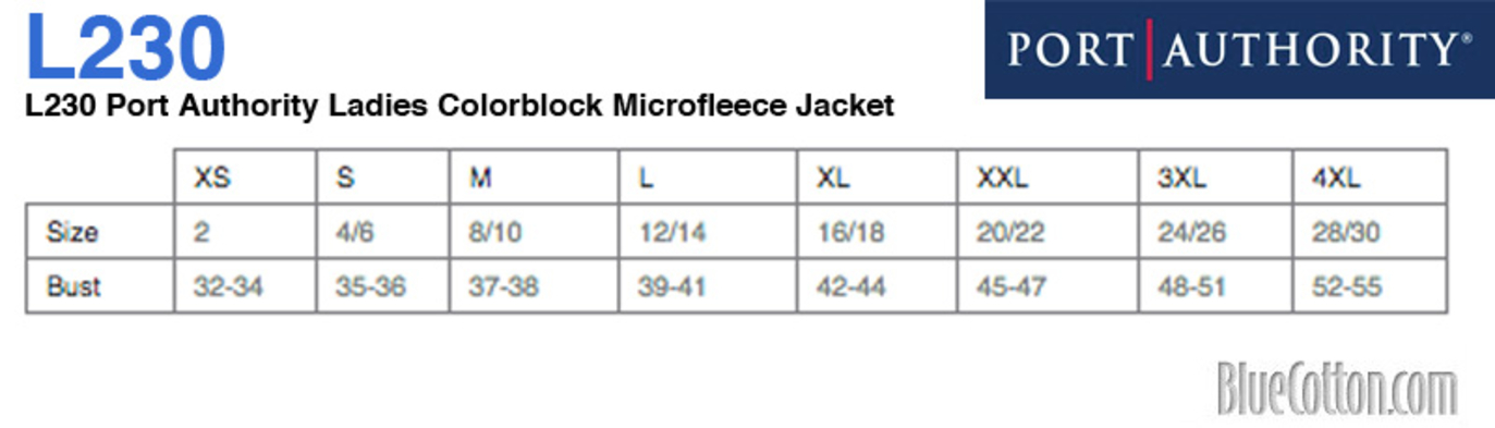 Size chart for a L230 Port Authority Ladies Colorblock Microfleece Jacket