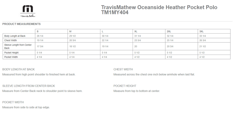 Size chart for a TM1MY404 TravisMathew Oceanside Heather Pocket Polo