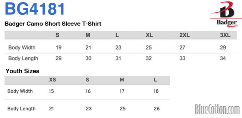 Size chart for a BG4181 Badger Camo Short Sleeve T-Shirt