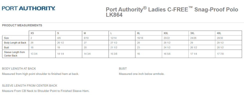Size chart for a LK864 Port Authority® Ladies C-FREE™ Snag-Proof Polo
