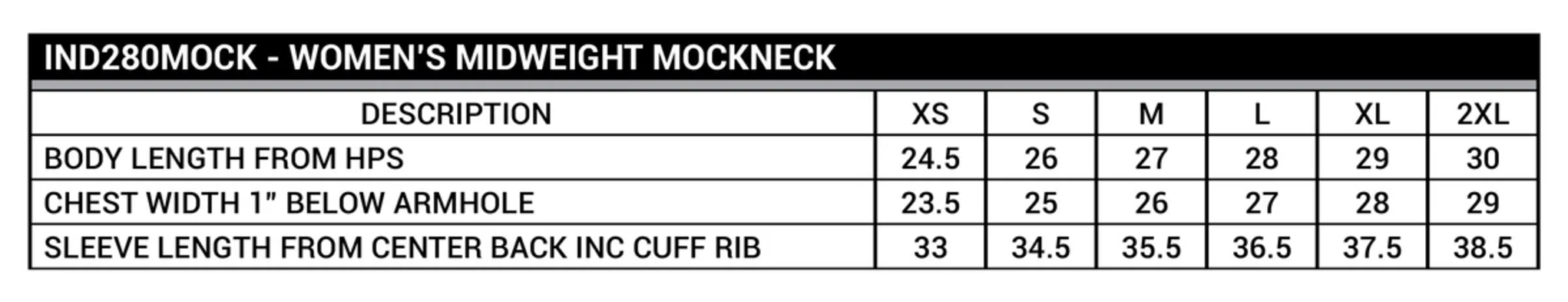 Size chart for a IND280MOCK Independent Trading Co. Womens Midweight Mock Neck Sweatshirt