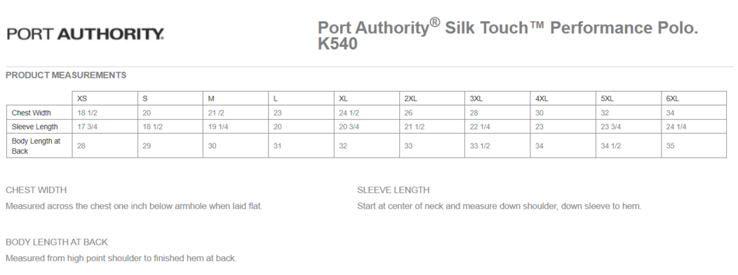Size chart for a K540 Port Authority Silk Touch Performance Polo