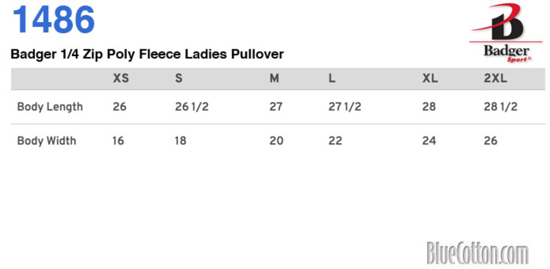 Size chart for a 1486 Badger 1/4 Zip Poly Fleece Ladies Pullover