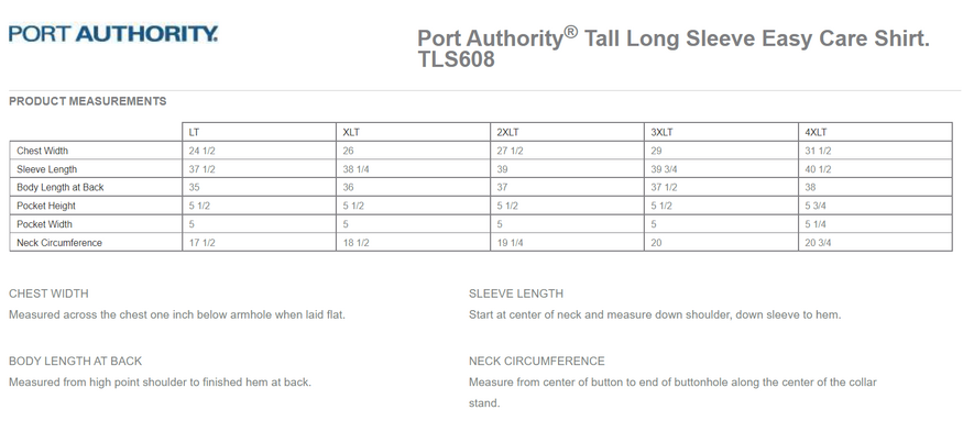 Size chart for a TLS608 Port Authority Tall Long Sleeve Easy Care Shirt