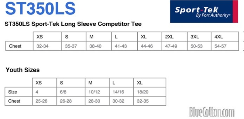 Size chart for a ST350LS Sport-Tek - Long Sleeve Competitor Tee