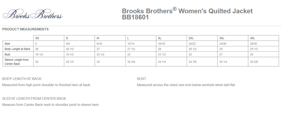 Size chart for a BB18601 Brooks Brothers® Women’s Quilted Jacket