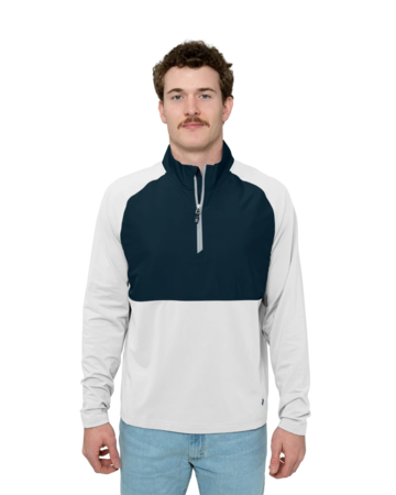 Model wearing a MCC00034 Cutter & Buck Adapt Eco Knit Hybrid Recycled Mens Quarter Zip