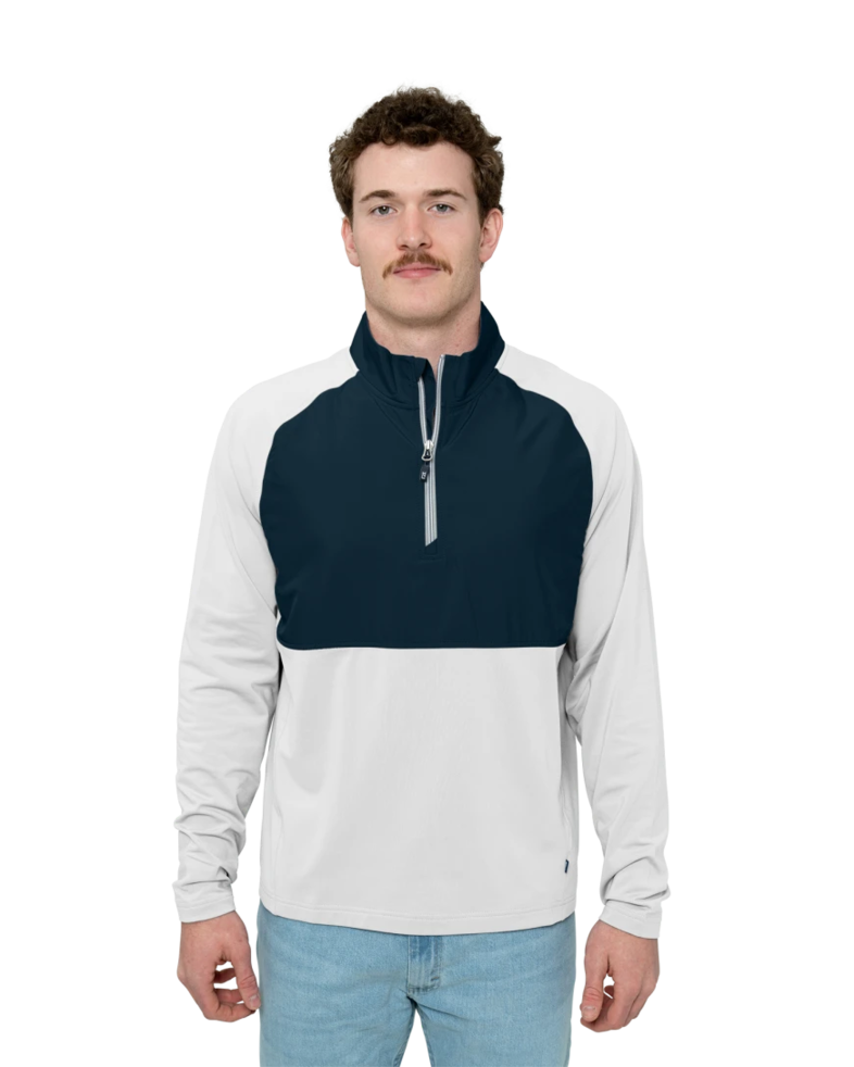 Image of a model wearing a MCC00034 Cutter & Buck Adapt Eco Knit Hybrid Recycled Mens Quarter Zip