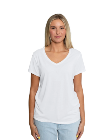 Model wearing a DM1350L District Women's Perfect Tri-Blend V-Neck Tee