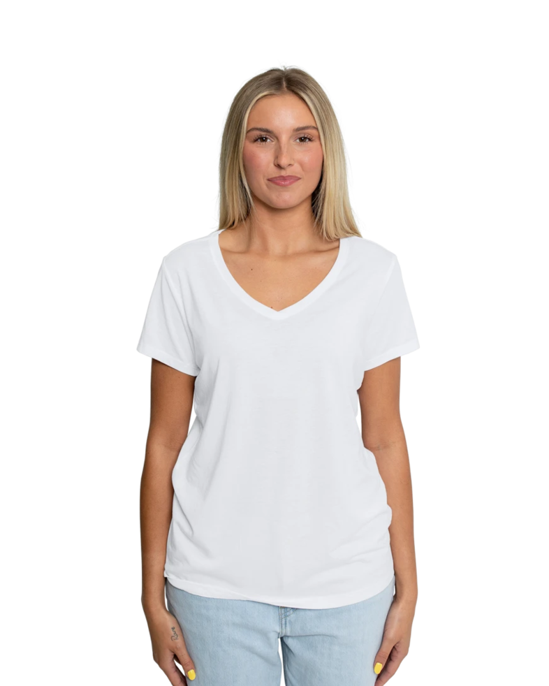 Image of a model wearing a DM1350L District Women's Perfect Tri-Blend V-Neck Tee