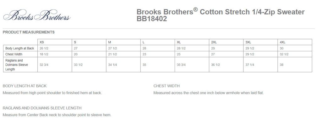 Size chart for a BB18402 Brooks Brothers® Cotton Stretch 1/4-Zip Sweater