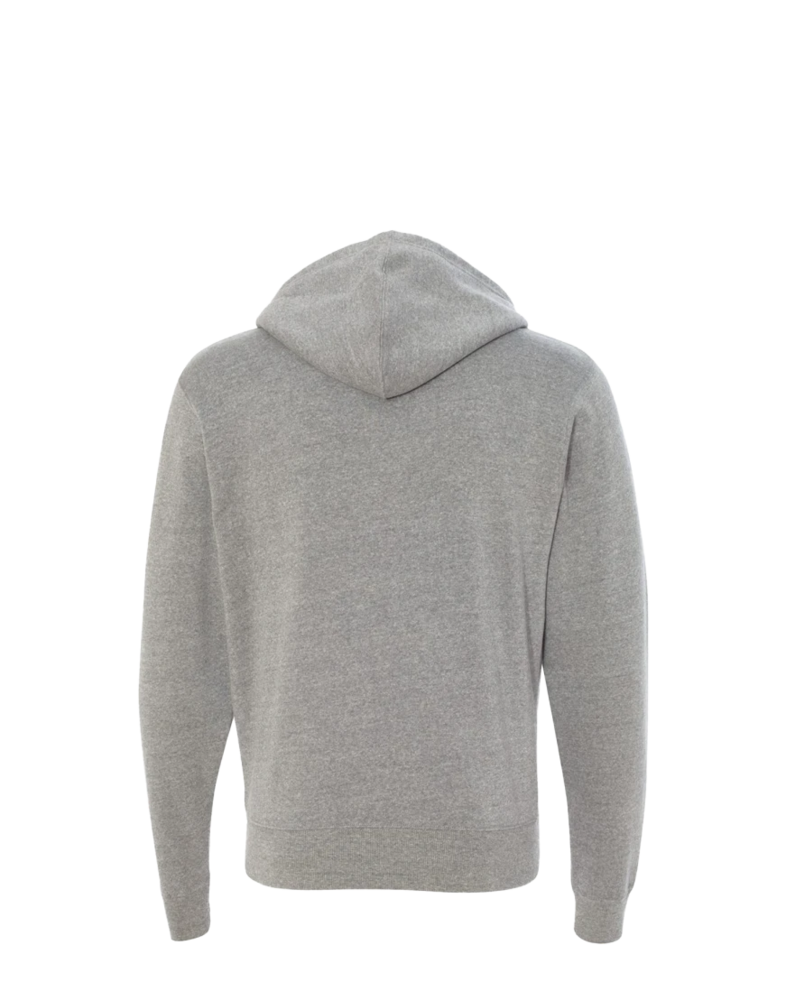 Image of a model wearing a 8872 J. America Tri-Blend Hooded Full-Zip Sweatshirt