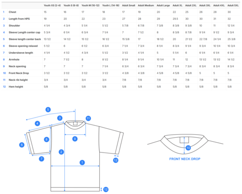 Size chart for a T1000 Colortone Tie Dye Tee