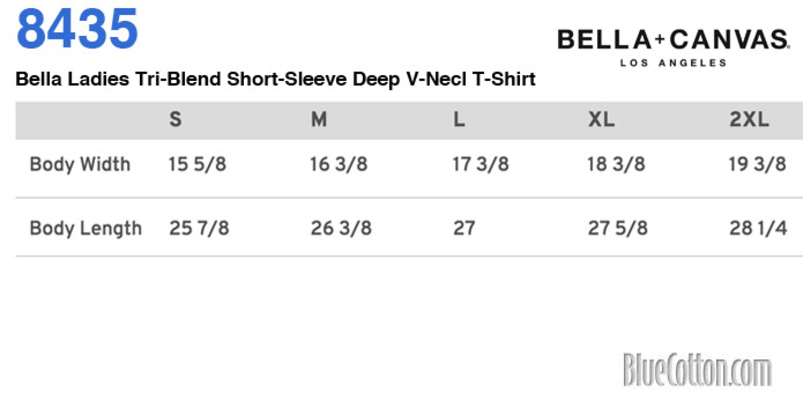 Size chart for a 8435 Bella Ladies Tri-Blend Short-Sleeve Deep V-Neck T-Shirt