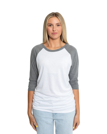 Model wearing a DM136L District Ladies Tri-Blend Baseball Raglan