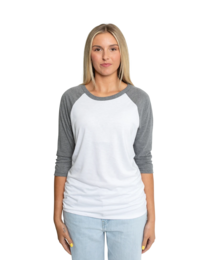 Image of a model wearing DM136L District Ladies Tri-Blend Baseball Raglan