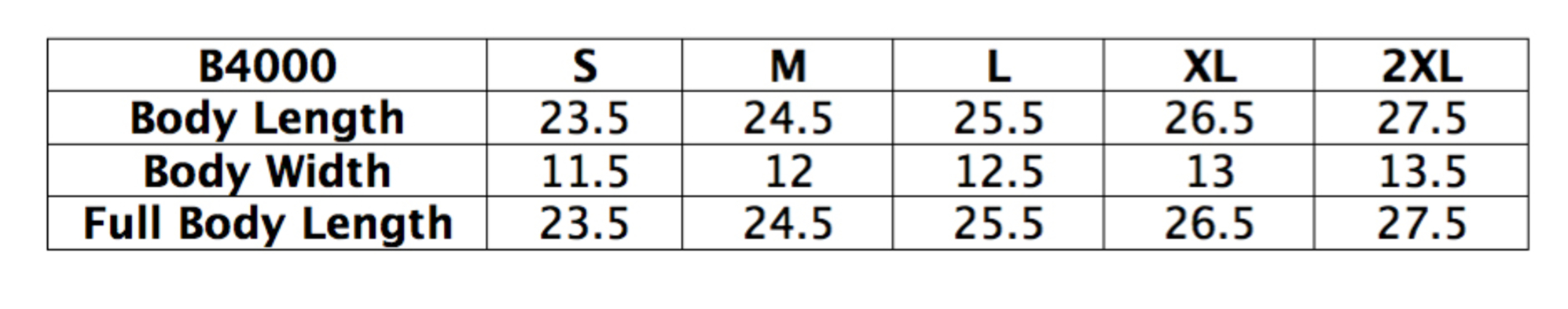 Size chart for a Bella B4000 2x1 Rib Tank Top