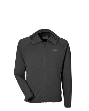 Model wearing a M15383 Marmot Men's Leconte Full-Zip Hooded Jacket