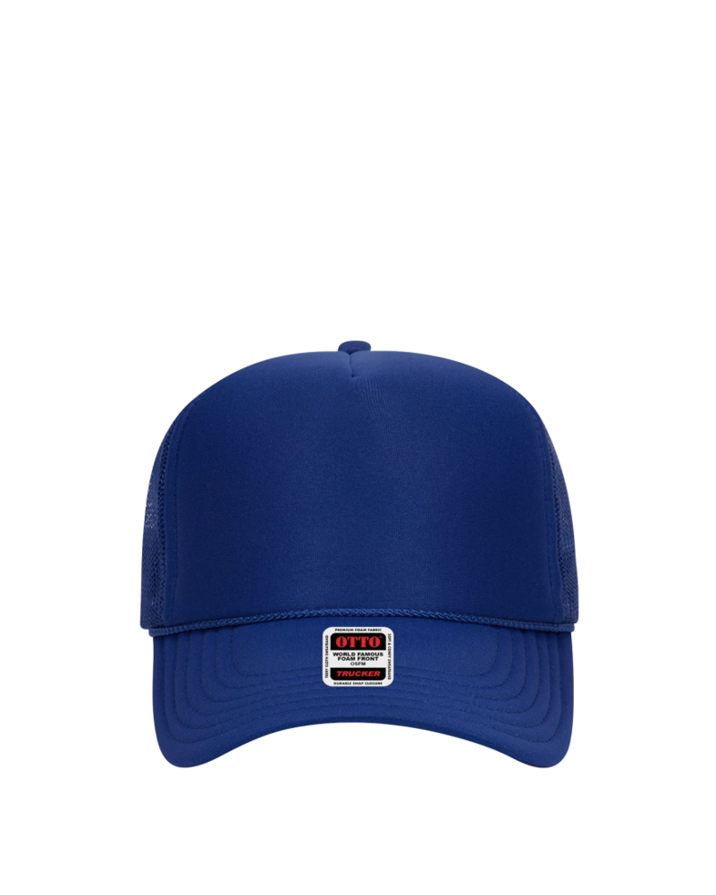 Image of a model wearing a 39-165 OTTO CAP 5 Panel High Crown Mesh Back Trucker Hat