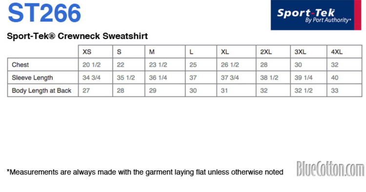Size chart for a ST266 Sport-Tek Crewneck Sweatshirt