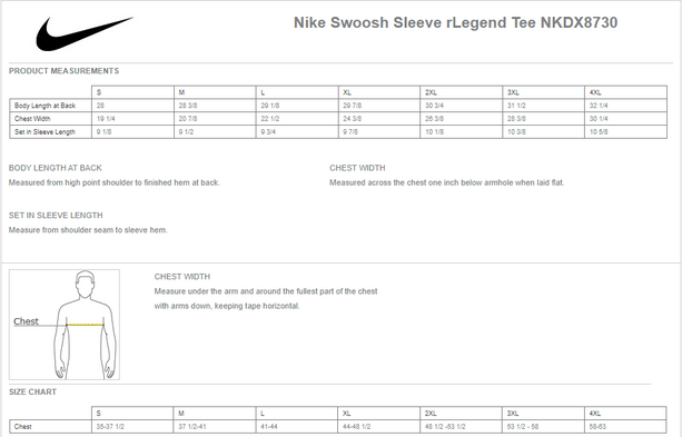 Size chart for a NKDX8730 Nike Swoosh Sleeve rLegend Tee