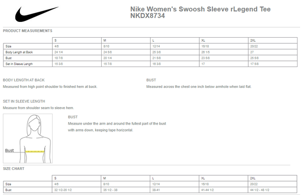 Size chart for a NKDX8734 Nike Women's Swoosh Sleeve rLegend Tee