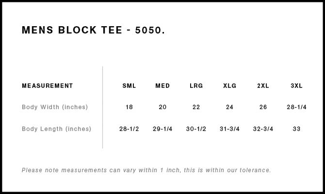 Size chart for a 5050 AS Colour Block Tubular Tee