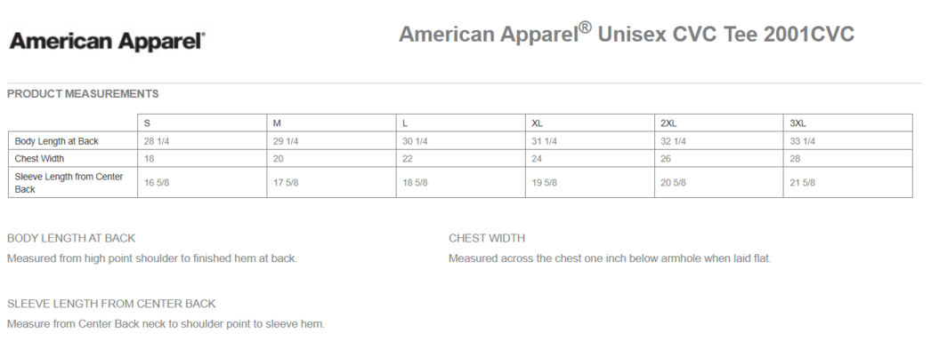 Size chart for a 2001CVC American Apparel Unisex CVC Tee