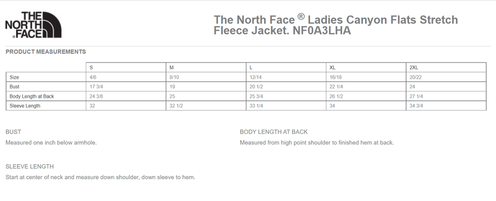 Size chart for a NF0A3LHA The North Face Ladies Canyon Flats Stretch Fleece Jacket