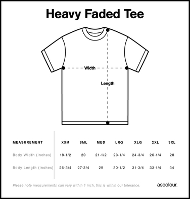 Size chart for a 5082 AS Colour Heavy Faded Tee