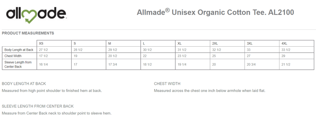 Size chart for a AL2100 Allmade® Unisex Organic Cotton Tee