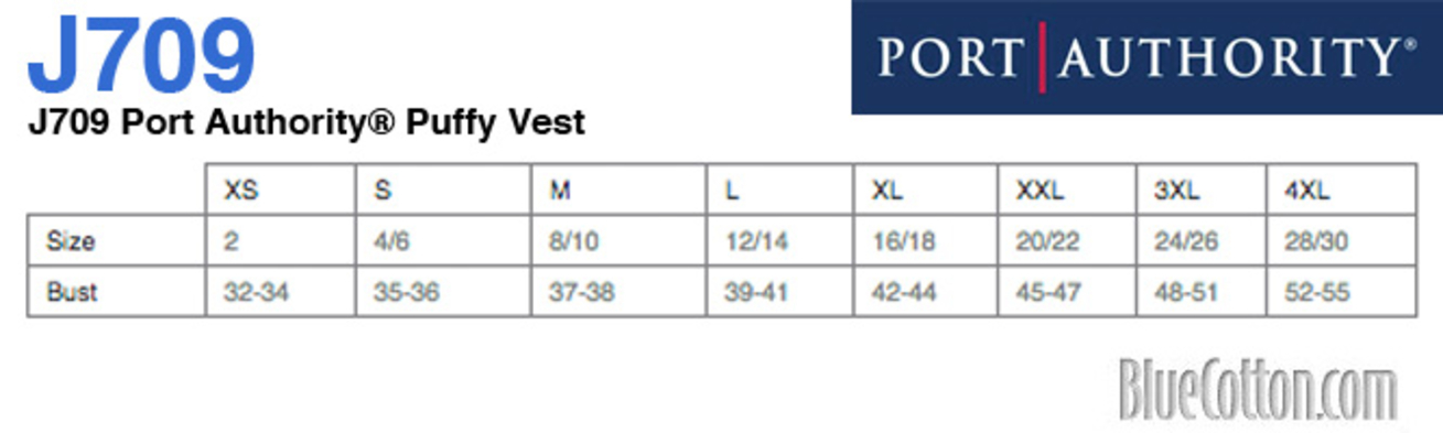 Size chart for a J709 Port Authority Puffy Vest