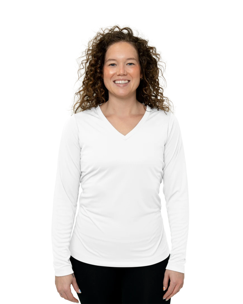 Image of a model wearing a LST353LS Sport-Tek Ladies Long Sleeve V-Neck PosiCharge Competitor Tee