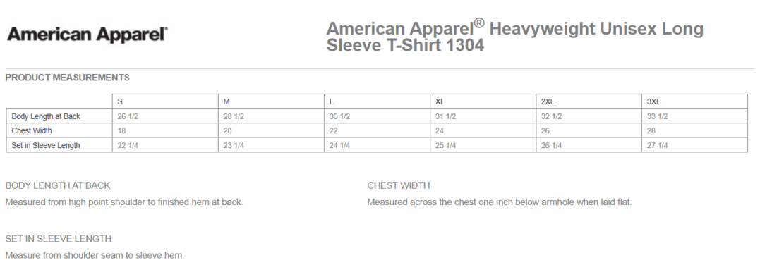 Size chart for a 1304 American Apparel Unisex Heavyweight Cotton Long Sleeve Tee