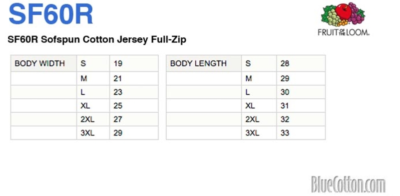Size chart for a SF60R Fruit of the Loom Full-Zip Hooded Tshirt