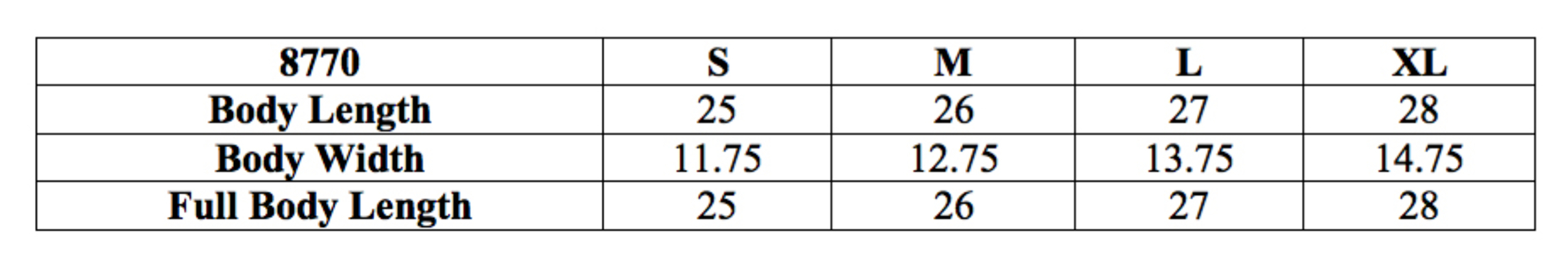Size chart for a Bella 8770 Sheer Rib Racerback Tank Top